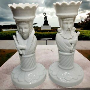 King & Queen Tappered Candle Holder Swiss Set Colum Sculpture White Porcelain